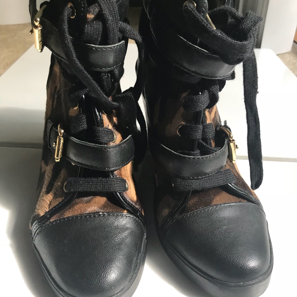 Michael Kors camo print wedge booties